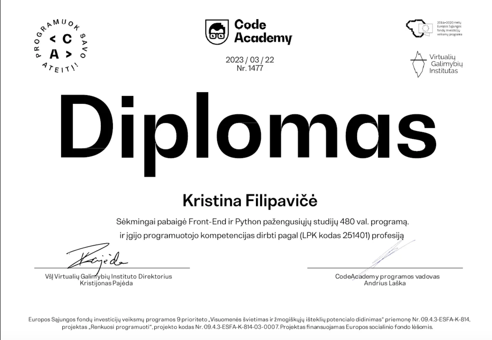 CodeAcademy diplomas, Kristina Filipavičė, 2023-03-22, Nr. 1477