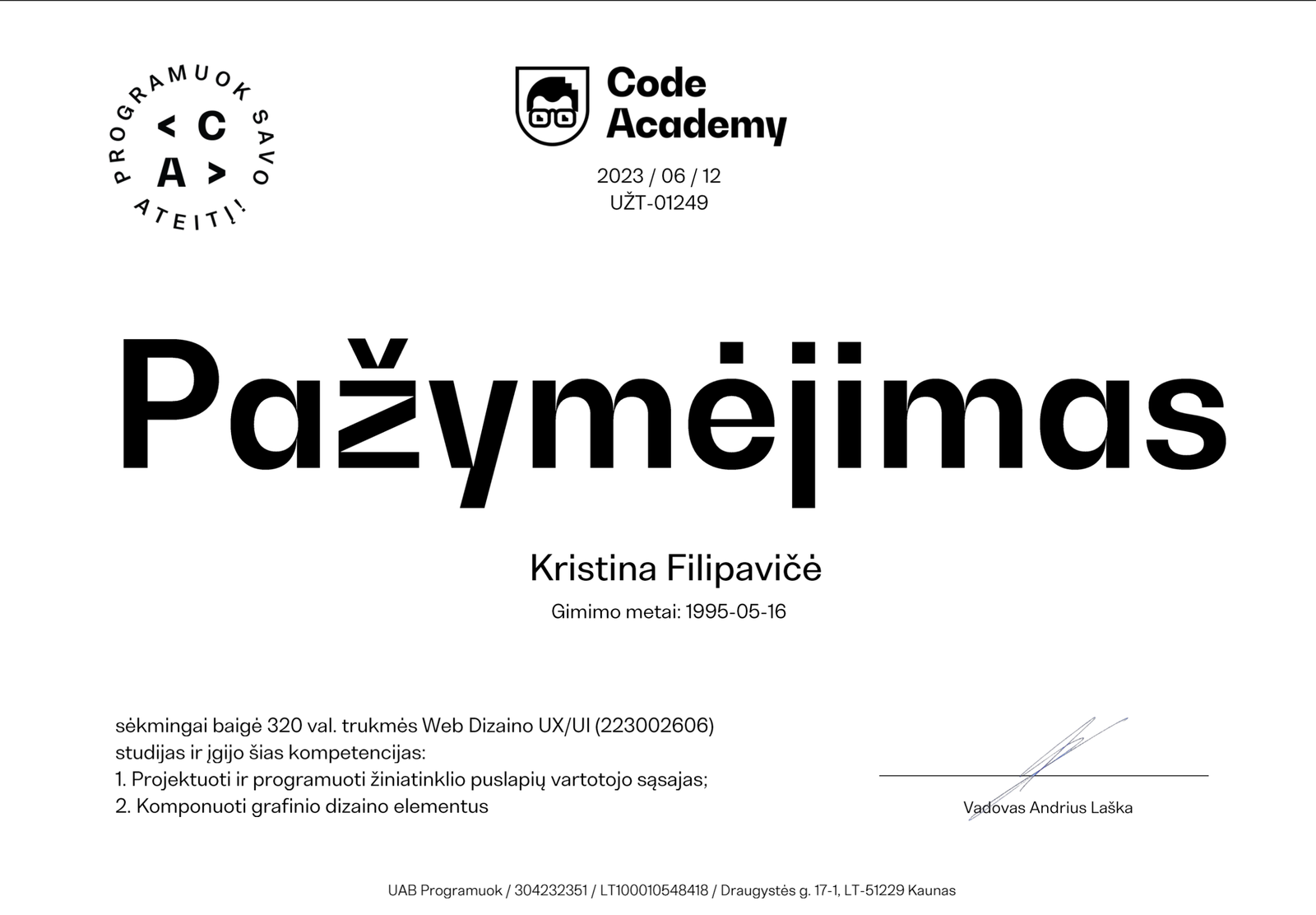CodeAcademy pažymėjimas, Web Dizainas UX/UI, 2023-06-12, UŽT-01249